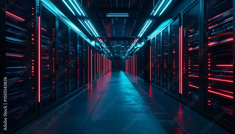 Poster futuristic data center corridor with glowing lights and server racks, showcasing advanced technology