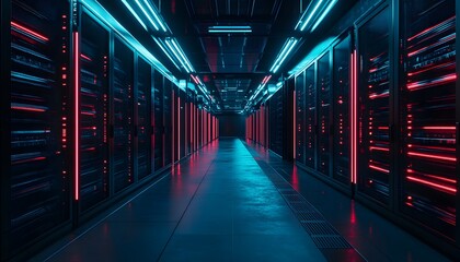 Fototapeta premium Futuristic data center corridor with glowing lights and server racks, showcasing advanced technology and digital infrastructure.
