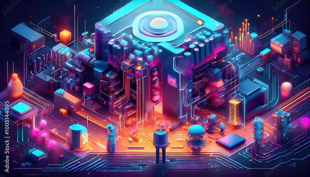Poster a vibrant, futuristic digital landscape with circuit patterns and a central processor, representing 