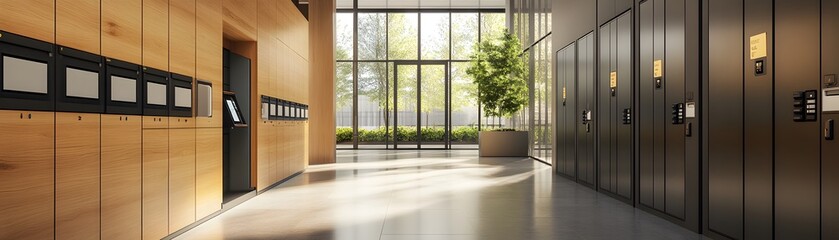 Fototapeta premium Modern interior hallway with lockers, wooden walls, large windows, and greenery creating a serene and organized atmosphere.