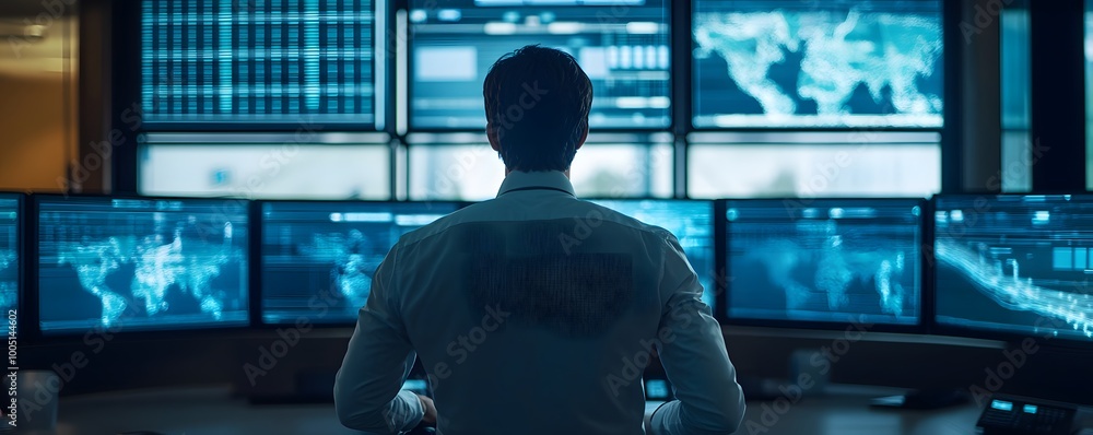 Poster a professional monitoring data on multiple screens in a control room, showcasing advanced technology