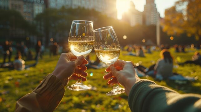 Hand holding wine glass closeup view in an outdoor party