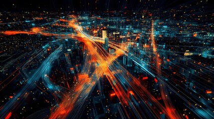Obraz premium Dynamic cityscape with vibrant light trails and urban landscape showcasing the beauty of modern technology and infrastructure.
