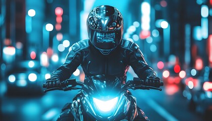 A motorcyclist in a futuristic cityscape, showcasing speed and adventure under vibrant neon lights.