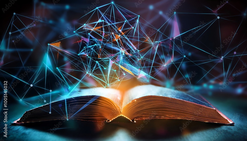 Poster an illuminated open book surrounded by glowing digital connections symbolizes the fusion of knowledg