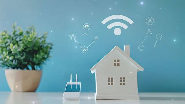 a simple white home model with WIFI antenna stands in up, internet connection in smart home concept	