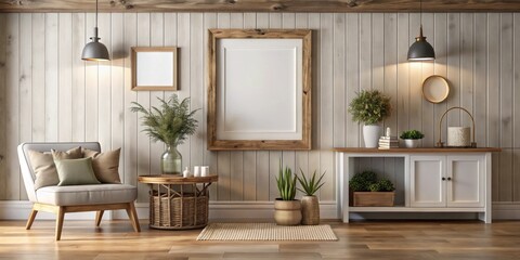 Farmhouse style room interior with a mockup frame on the wall , farmhouse, rustic, interior design, home decor, vintage, mockup, frame