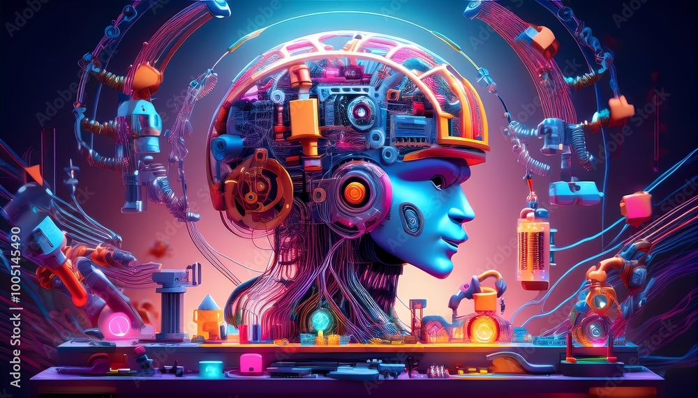Poster a futuristic digital rendering of a robotic head, adorned with colorful circuitry and mechanical ele