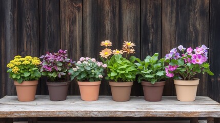 Fototapeta premium Colorful Flower Pots on Rustic Wooden Table