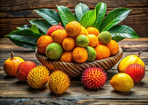 Vibrant display of exotic Lichas fruit, with intricate ridges and vibrant orange-yellow skin, arranged artfully on a rustic wooden table in a natural setting.