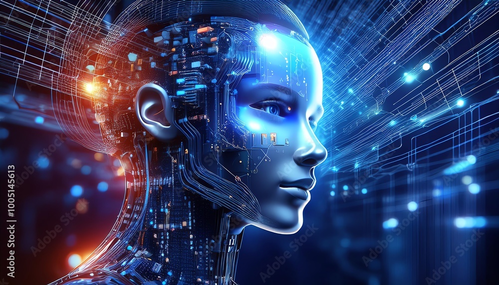 Poster a futuristic digital representation of a humanoid figure intertwined with circuits and glowing eleme