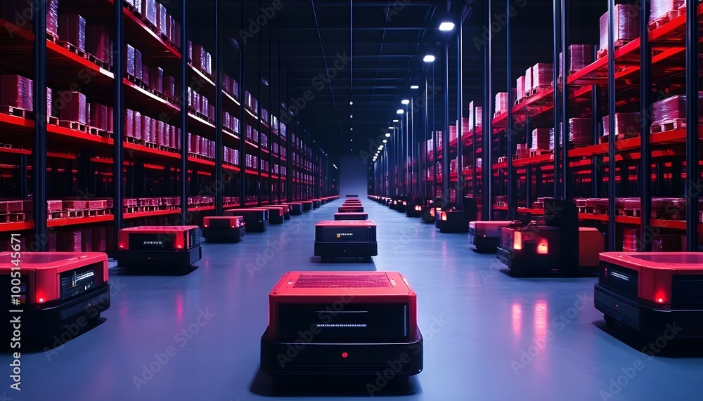 Poster futuristic warehouse scene featuring automated robots efficiently navigating shelves of goods in a h