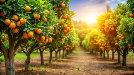 Fototapeta premium Valencia orange trees in a sunny orchard, Valencia, orange trees, orchard, fruit, agriculture, sunny, grove, citrus