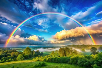Obraz premium Vibrant double rainbow stretches across a serene blue sky with fluffy white clouds, surrounded by lush greenery and misty fog, capturing nature's majestic beauty.