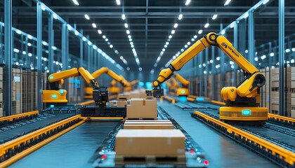 Obraz premium Advanced robotic arms working in a modern warehouse, efficiently handling packages on a conveyor belt.
