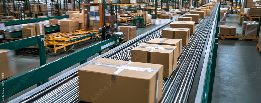 Poster efficient warehouse conveyor system transporting packed boxes for logistics and distribution operati