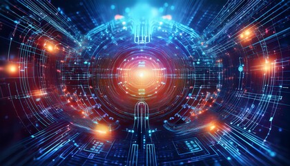 Obraz premium A vibrant digital illustration depicting a futuristic, glowing network, featuring bright data streams and abstract shapes converging towards a central point.