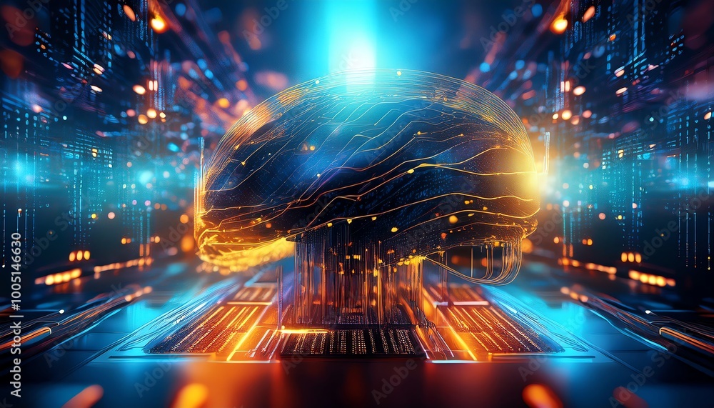 Poster a futuristic digital brain composed of flowing circuitry and glowing lights, representing artificial
