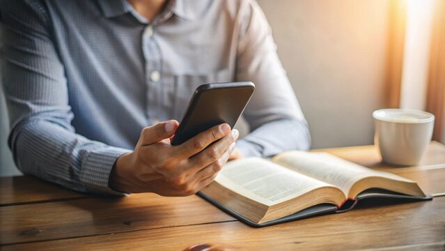 Bible Study with a Smartphone A person using a smartphone to read and study the Bible , technology, mobile, device, app