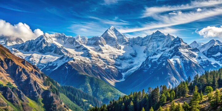 Panoramic view of snow capped Himalayas mountains in Manali, India, Himalayas, snow, mountains, Manali, India