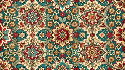 Intricate floral pattern design with vibrant colors for textiles and decorative arts