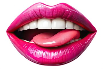 Obraz premium Vibrant, exaggerated cartoon mouth with bright pink lips, gleaming white teeth, and expressive tongue, isolated on a white background with a fun, playful atmosphere.