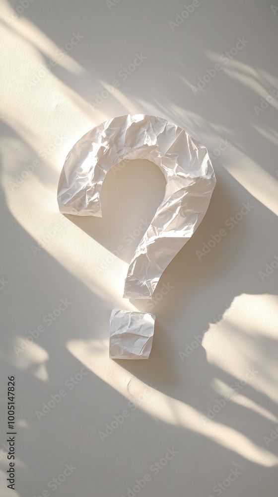 Poster Crumpled paper shaped as question mark with shadows on white wall