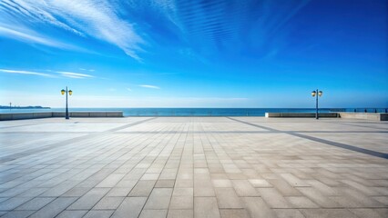 Empty sea view plaza with clear sky background, asphalt, floor, gray wall, rendering, sea view, plaza, clear sky, background