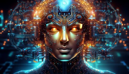 A futuristic, cybernetic face illuminated with glowing circuitry and intricate details, blending human and machine elements.