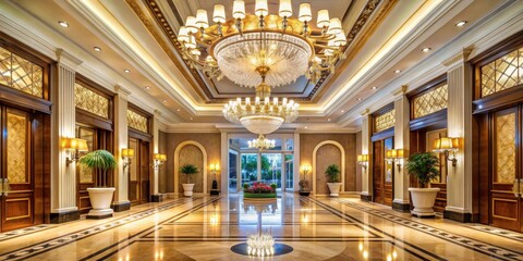 Obraz premium Luxurious entrance of a five-star hotel with elegant decor and grand chandeliers, Luxury, hotel, entrance