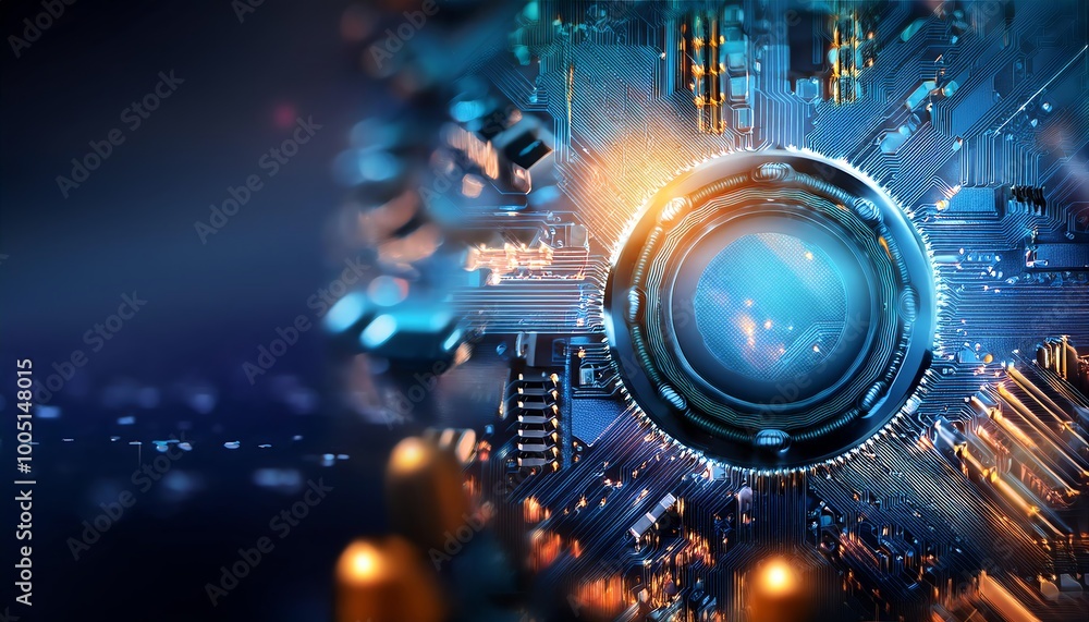 Poster a futuristic, high-tech abstract image featuring intricate circuitry and a central glowing orb, evok