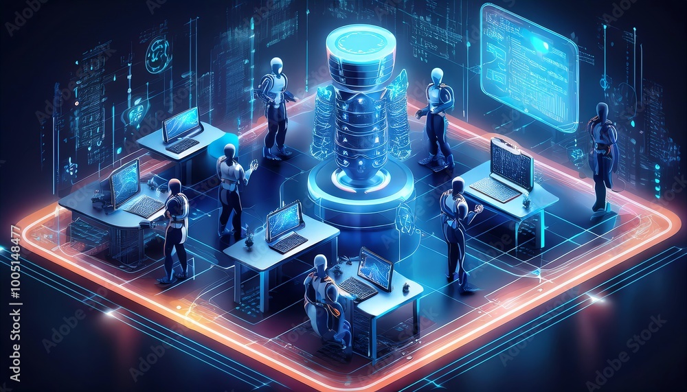 Poster a futuristic cyber environment featuring figures working on computers, surrounded by glowing data st