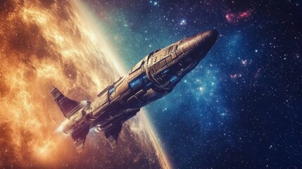 Fototapeta premium A futuristic spacecraft soars through the cosmos, leaving a trail of fire and light as it journeys to the stars.