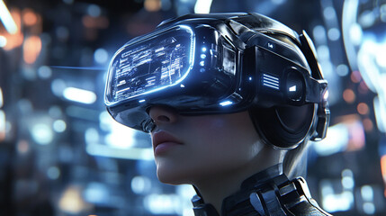 Virtual reality. Young woman wearing VR goggles