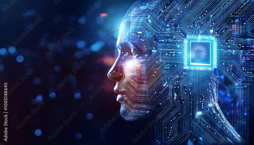 Poster a digital representation of a human head blended with circuitry, symbolizing the intersection of tec