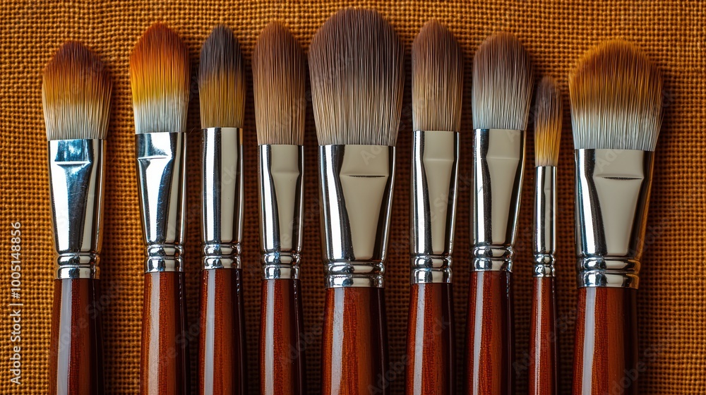 Poster a collection of paintbrushes arranged in a row on a textured surface.