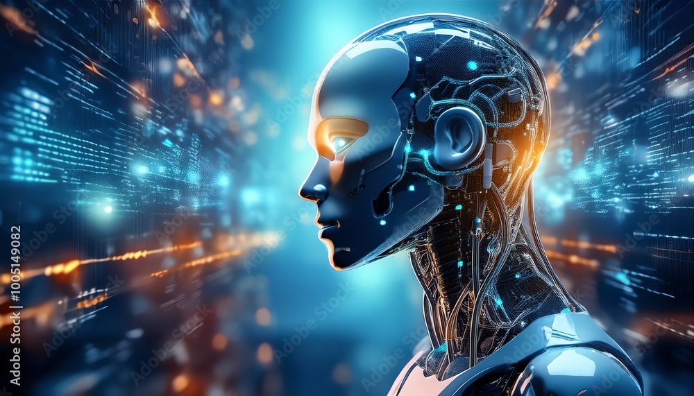 Poster a futuristic robotic head with a digital background, symbolizing advanced technology and artificial 