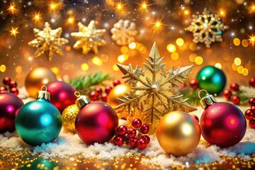 Fototapeta premium Vibrant festive holiday background with shimmering snowflakes, twinkling stars, and colorful ornaments amidst a warm golden glow, evoking joyful and magical Christmas spirit.