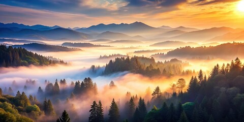 Fototapeta premium Misty forest with mountains at sunrise, serene nature scene, misty, forest, landscape, sunrise, mountain, serene, tranquil, nature