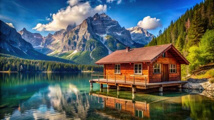Fototapeta premium A beautiful wooden lakeside cabin with red roof against backdrop of mountains and blue sky, cabin, wooden house, red roof