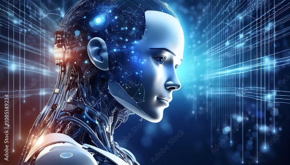 Poster a futuristic robot head is depicted, surrounded by glowing data streams and a vibrant digital backdr