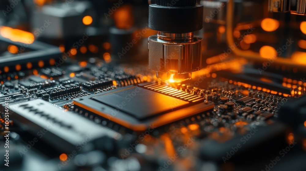 Poster close-up of a circuit board with a microscope examining components.