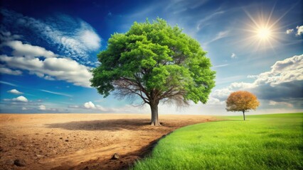 Fototapeta premium Bisected tree, one side thriving in fertile environment while the other side dying in arid environment, Bisected, tree