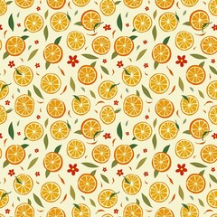 Abstract seamless pattern with lemons, leaves and flowers for fabric or wrapping paper design - Generative AI