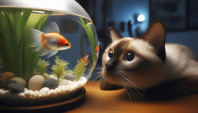 Gato siames mirando los peces de una pecera