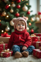 A joyful child in a pink hat smiles among Christmas gifts by a decorated tree during the holiday season