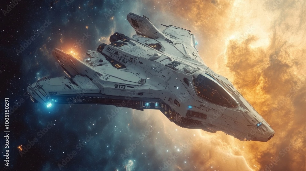 Poster a futuristic spaceship flies through a colorful nebula in space.