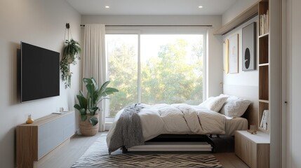 Modern Bright Bedroom with Natural Light and Greenery