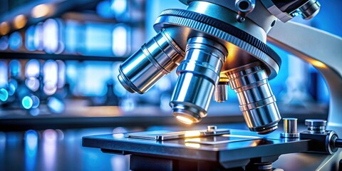 Close-up view of a microscope lens in a laboratory setting, close up, microscope, metal, lens, laboratory