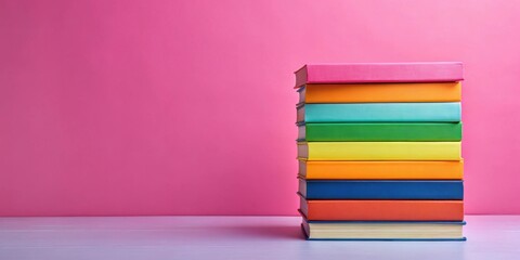 Fototapeta premium Colorful stack of books on pink background representing LGBTQ+ concept, LGBTQ+, rainbow, colorful, books, stack